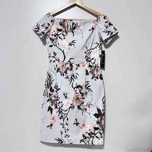 Floral Bodycon Off-Shoulder Dress Soft Light Grey Size Medium Summer Vacation